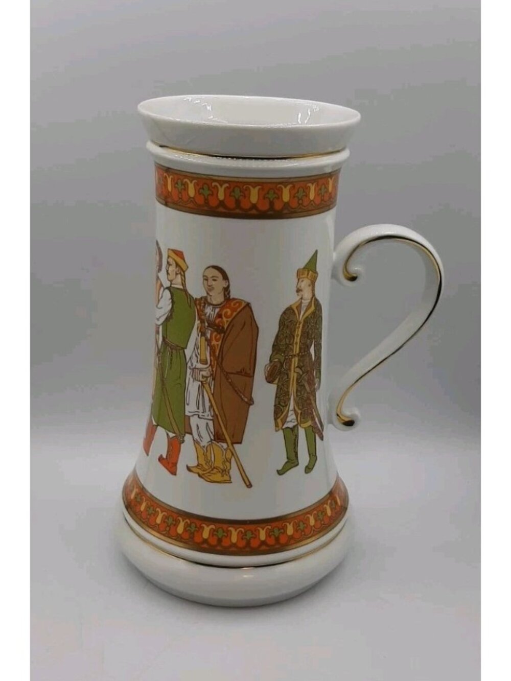 Rare Vtg Hollohaza Hungarian Porcelain Tankard Large Beer Mug Historical Theme
